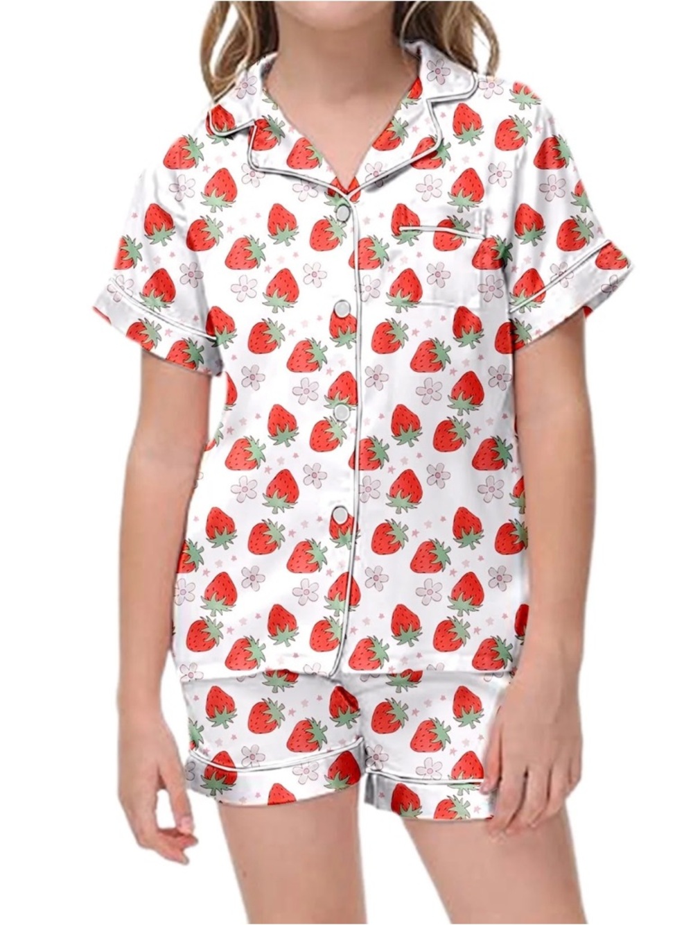 Girls Strawberry-Print Short Silk Pajama Set